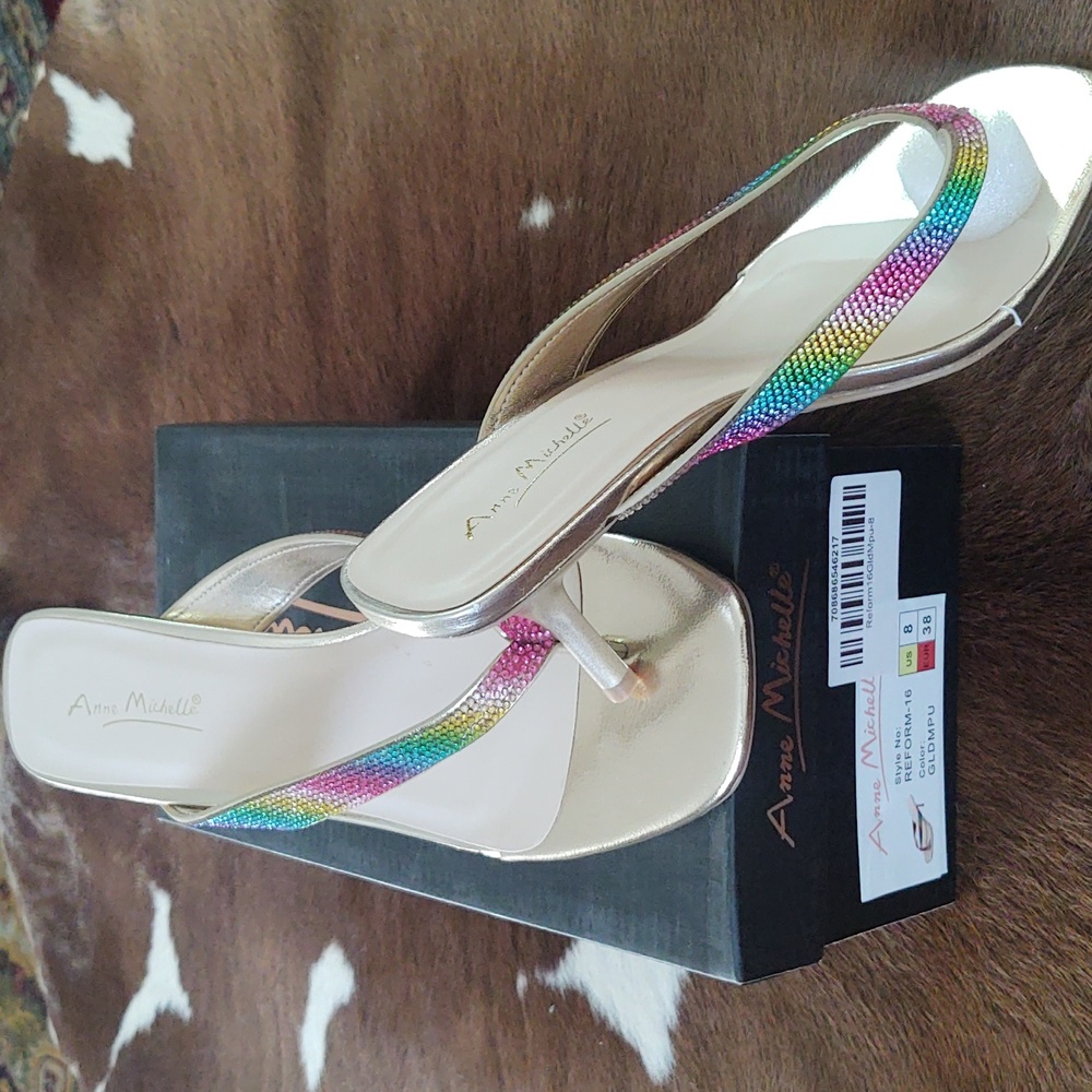 Anne Michelle Gold and rainbow rhinestone shoes